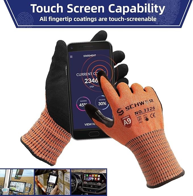 Schwer ProGuard High Level Cut Resistant Work Gloves PR3326 for Extreme Protection, ANSI A9 Cut Gloves with Reinforced Thumb, Non Slip, Breathable, Durable, Touch-screen, Orange 1 Pair(M)