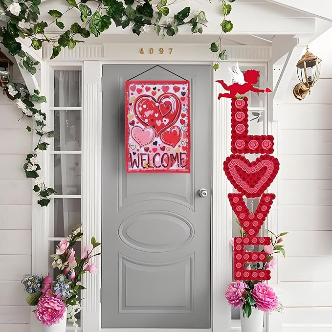 Valentine Garden Flags Decorations,12x18 Inch Vertical Double Sided Valentines Day Yard Decor Outdoor Welcome Hearts Anniversary Front House Lawn Outside Decors Garden Flag