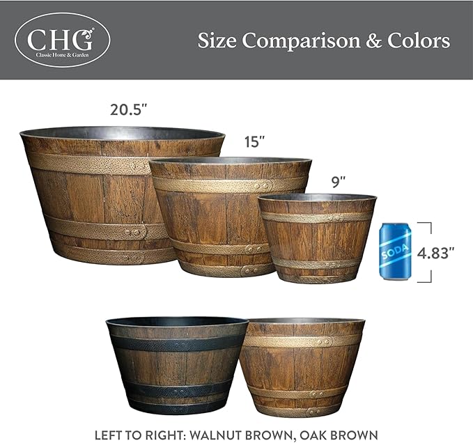 Classic Home and Garden Outdoor Round Whiskey Resin Flower Pot Barrel Planter, Kentucky Walnut Brown, 9" (Pack of 4)