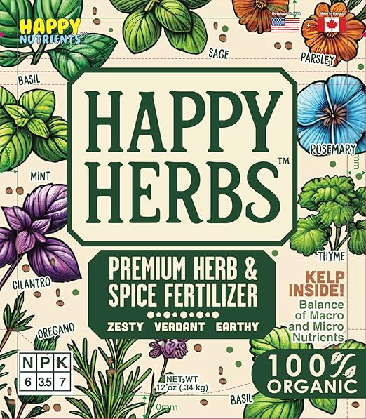 Fertilizer for Herbs Happy Herb Organic Fertilizer by Happy Nutrients – Plant Food for Basil, Mint, Cilantro, Rosemary, Thyme & More – Macro & Micro Nutrients for Home Gardens – 12 oz (0.34 kg)
