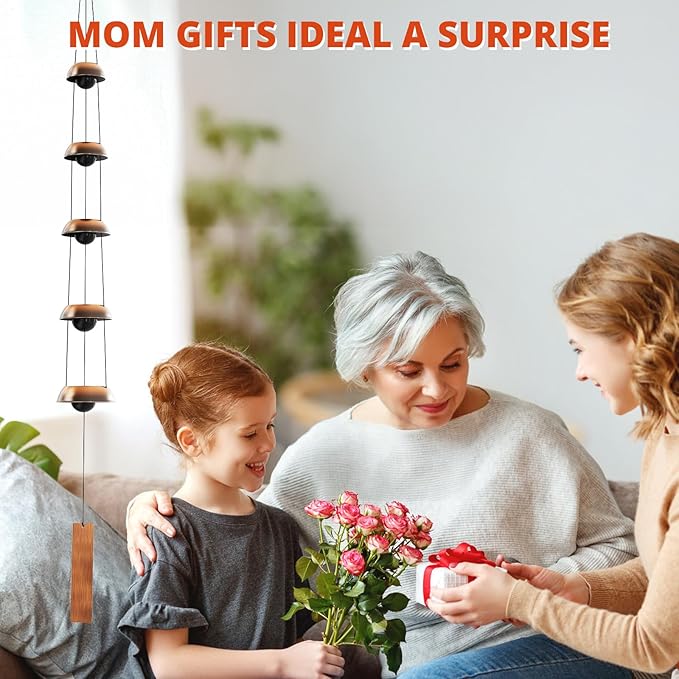 Copper Wind Chimes for Outside Clearance, 36'' Temple Windchimes Outdoors w/5 Bells, Memorial Wind Chime Gifts for Mom Grandma Mother Women, Feng Shui Wind Bell for Home Garden Zen Decor