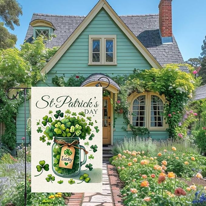 Welcome Lucky Clover St Patricks Day Garden Flag 12x18 Inch Double Sided Burlap, Mason Jar Yard Lawn Outdoor Irish Clover Seasonal Holiday Flags Decorations