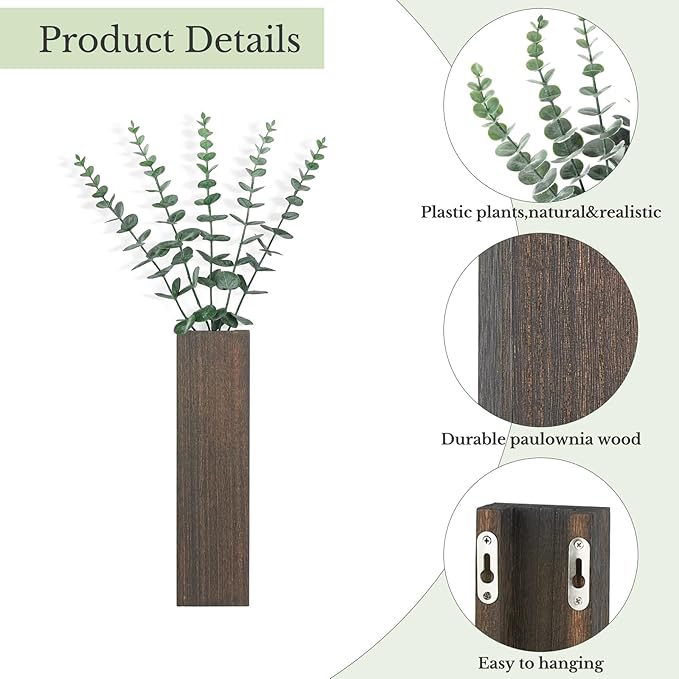 Dahey 2 Pack Small Wood Wall Planter Vase with Artificial Eucalyptus Farmhouse Wall Hanging Decor Planter for Indoor Fake Plants Greenery, Living Room Bedroom Kitchen Home Office Decoration, Brown