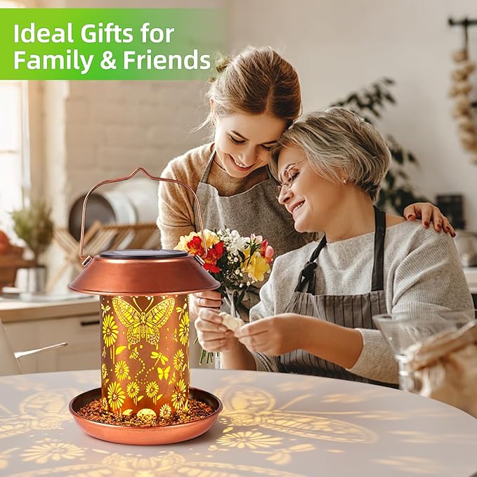 Solar Bird Feeders for Outdoors Metal Butterfly Lantern Hanging on a Tree Metal Wild Bird Feeder Decoration for Patio,Yard,Lawn,Pathway,Garden,Garden Decor Gifts for Bird Lovers Mom Friends