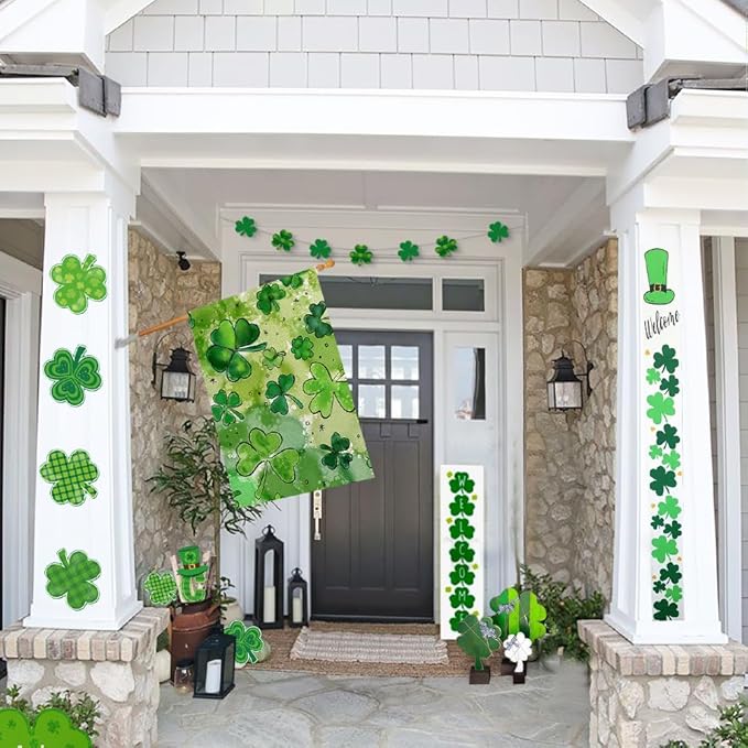 St Patricks Day House Flag for Outside 28x40 Inch Burlap Double Sided, Watercolor Green Lucky Shamrock Clover Sign Large Farmhouse Yard Outdoor Decoration DF434-28