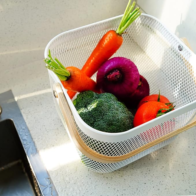 Metal Mesh Steel Harvest Basket, Square Wire Garden Basket with Handle – Multi-Functional Storage Organizer for Gathering Vegetables, Fruits, Kitchen, Garden, Picnic (Aqua-Square)