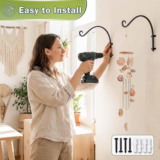 Heavy Duty Hanging Plant Bracket: 50lbs Weight Capacity - Bird Feeder Hangers 2 Packs, 12-Inch Black Metal Plant Bracket Wall Hook for Birdhouse, Wind Chimes, Lanterns, Easy to Install