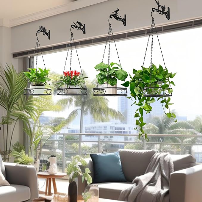 2-Pack Aesthetic Plant Hangers Outdoor and Indoor – 10 Inch Metal Hanging Plant Bracket with Beautiful Bird Pattern – Anti Rust Plant Hooks for Hanging Baskets, Bird Feeder, Windchime, Lantern