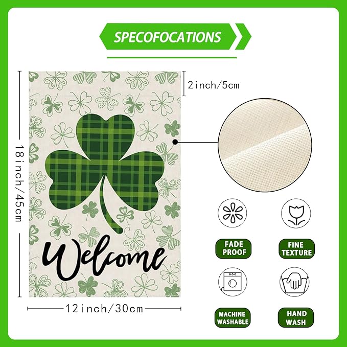 Welcome St. Patrick's Day Green Plaid Shamrocks Clovers Garden Flag Yard Flag 12x18 Inch Double Sided Small Mini Yard Outdoor Outside Holiday Decoration