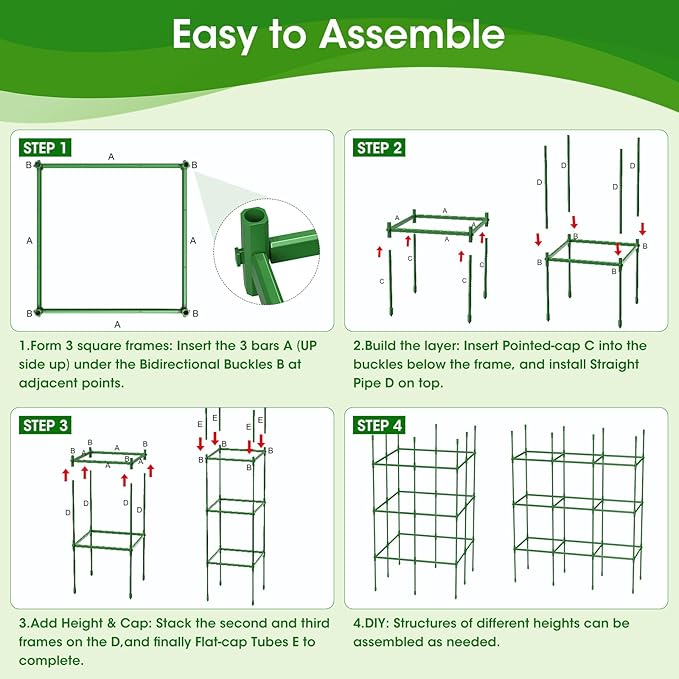 3 Pack Tomato Cages for Garden, Up to 55Inch Square Tomato Plant Cage, Upgraded Octagonal Connector, Heavy Duty Adjustable Tomato Stake Support for Garden Climbing Vegetables Flowers Fruits