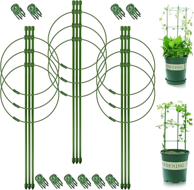 Legigo 3 Packs Plant Support Cages Tomato Cage for Garden- 18 Inch Adjustable Garden Cucumber Trellis Plant Stakes, Trellis Support Rings for Climbing Plants, Pots, Indoor Plants with 10 Plant Clips