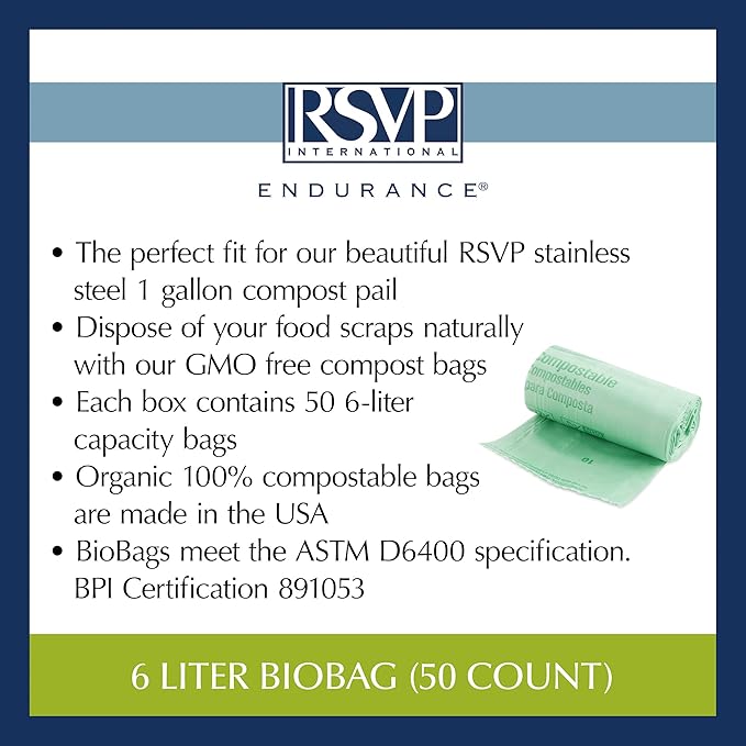 RSVP International Kitchen Collection Compost Pail, 1 Gallon Compostable Bags, Green