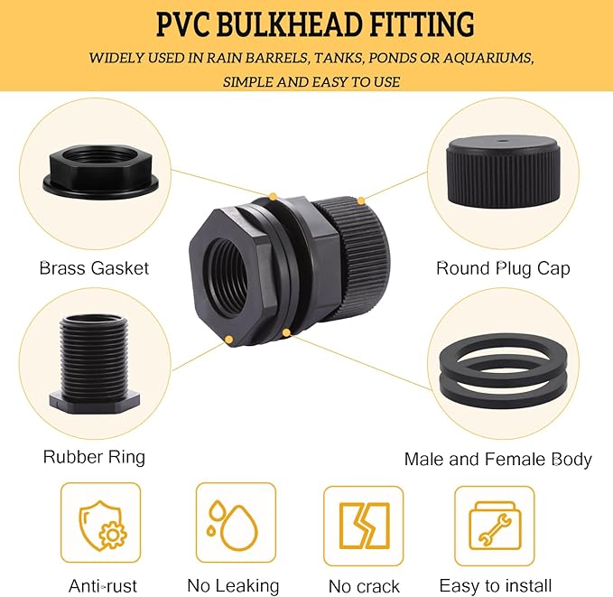 PVC Garden Hose Bulkhead Fitting With Plug, 1/2" Female NPT, 3/4" Male GHT (garden Hose Thread), For Rain Barrels, Aquariums, Sinks,2 Pack