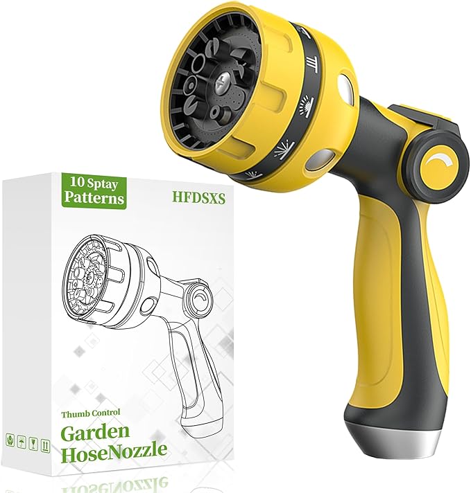 Garden Hose Nozzle, Heavy Duty Water Hose High Pressure Sprayer with 10 Watering Patterns, Thumb Control On Off Valve, for Watering outdoor Plants & Lawn, Car & Pet Washing(Yellow)