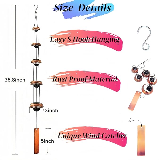 36.8” Handcrafted Copper Wind Chimes – Deep Tone Bells for Garden, Patio, Porch & Zen Décor – Unique Feng Shui, Meditation & Relaxation Gifts for Mom, Dad, Memorial Gardens