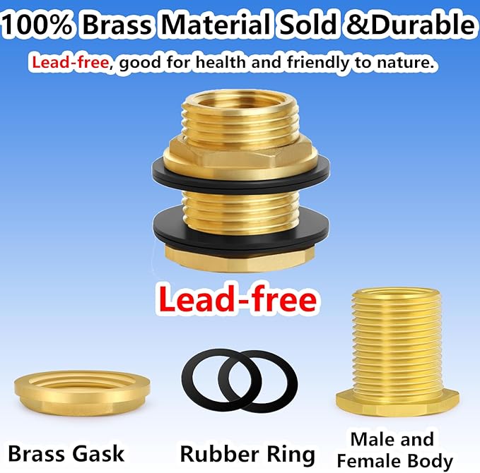 Ceseso 1/2" female NPT to 3/4" male GHT Garden Hose Bulkhead Fitting, Lead-free,Solid Brass Bulkhead Fitting, water tank connector bulkhead Tank Fitting for rain barrels, plastic water towers,2pcs…
