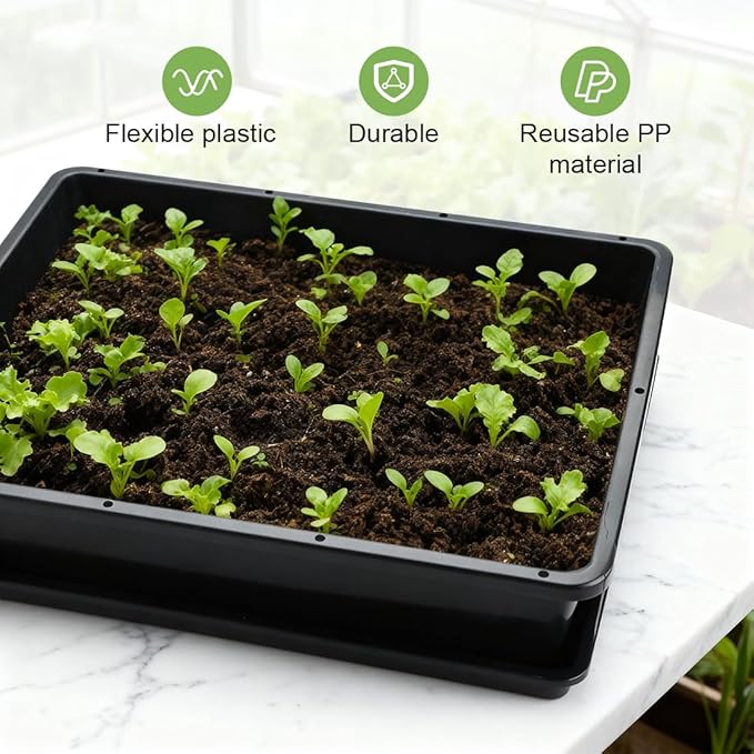 5 Pack Soil Blocking Trays(14"x12"x3"), Plastic Flat Plant Tray for Holding or Collecting Drainage Water, Elevated Microgreen Seed Starter Tray for Seed Germination (Black)