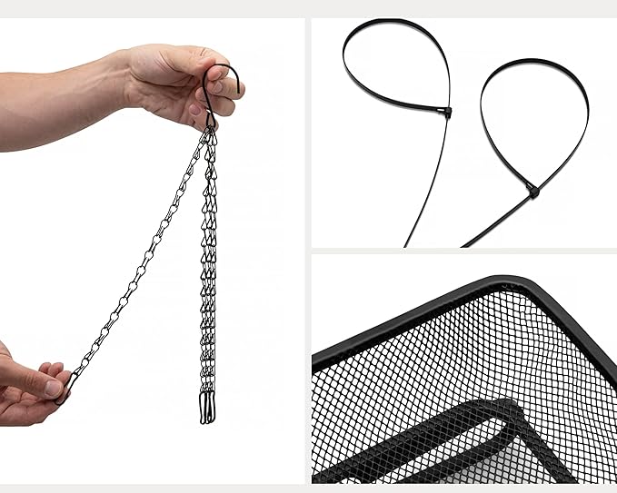 Ground and Hanging Bird Feeder Tray - Can Mount on Patio Handrail - Sturdy Black Metal Mesh Tray - for Wild Bird Seed Feeding - Complete with Re-usable Nylon Ties