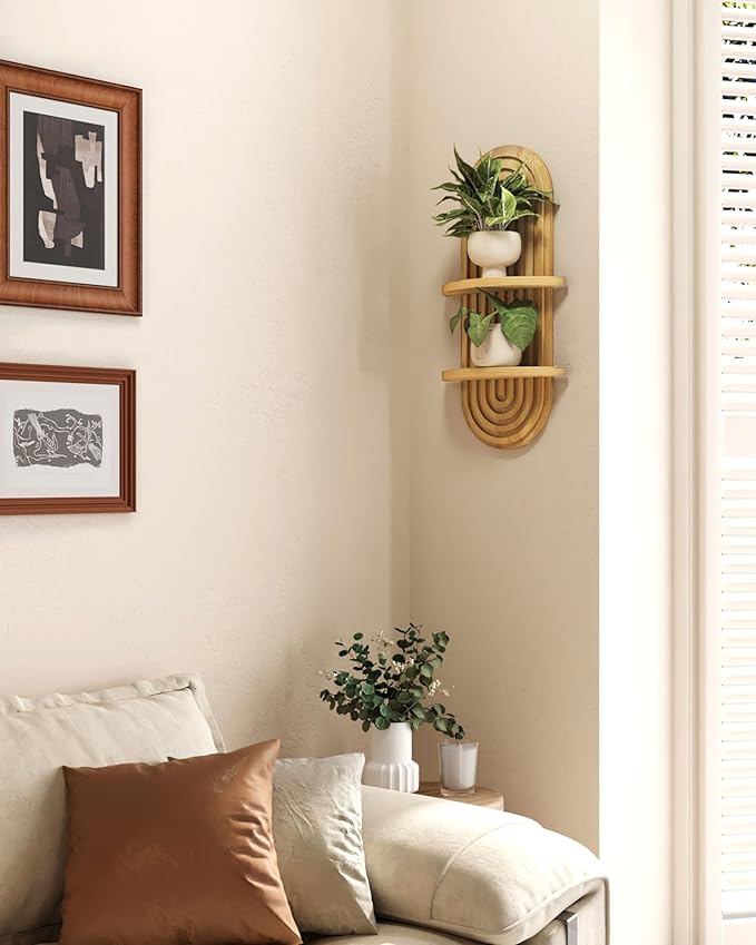Bamworld Boho Wall Decor Plant Wall Shelf Mid Century Modern Decor Hanging Plant Shelf 2-Tier Wooden Floating Shelves for Home Bathroom Bedroom Living Room Office Holding Planter Decoration Natural