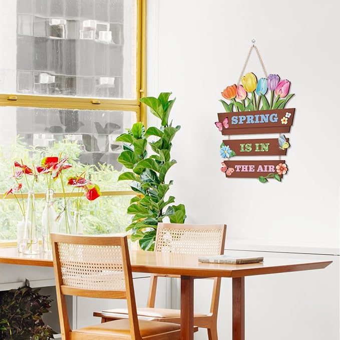 HOURIA Spring Is In The Air Wooden Door Sign(12”x14”),Colorful Tulip Flower Butterfly Spring Wall Hanging Sign,Garden Gifts,Spring Decorations for Home Garden Porch