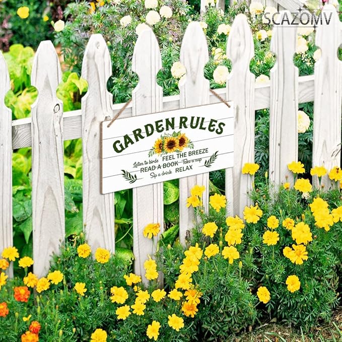 SCAZOMV Garden Sign Decor, Garden Rules Listen To Birds Feel The Breeze Read A Book Take A Nap Sip A Drink Relax, Outdoor Decorative For Garden Farmhouse, Wooden Hanging Plaque 5"X 10"