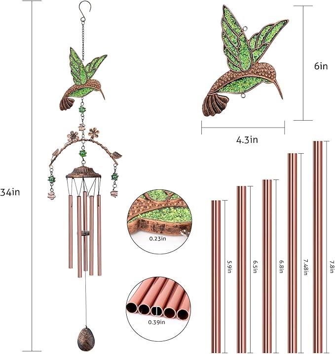 Wind Chimes - Green Hummingbird Wind Chimes for Outside Deep Tone 34 inches 5 Aluminum Tubes, Birthday, Memorial, Hummingbird Gifts for Mom, Grandma, Decorations for Home, Garden, Patio, Backyard