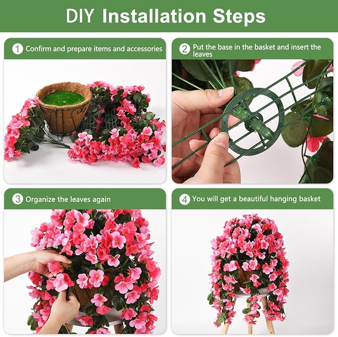 INQCMY Artificial Hanging Flowers Basket for Outdoors Spring Summer Decoration,Faux Silk Begonia in Planter Look Real UV Resistant for Outside Home Porch Patio Garden Balcony Yard Decor(Deep Pink)