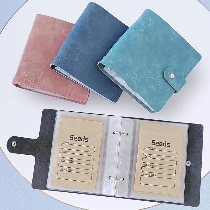 Seed Organizer Binder with 50 PCS Resealable Seed Envelopes - 50 Storage Pockets, 3.5x5 Inch Clear Sleeves, Seed Saver for Garden Lover - Gray