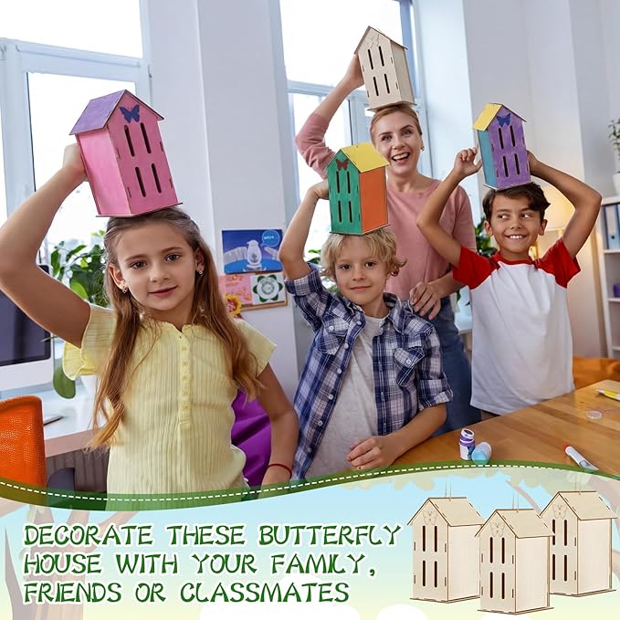 DoubleFill 24 Pack Wood Butterfly House Painting Crafts Kits My First Butterfly House DIY Art Craft Kit with Hemp Rope DIY Cedar Wooden Birdhouse for Building Bee Ladybug Habitat, No Paint