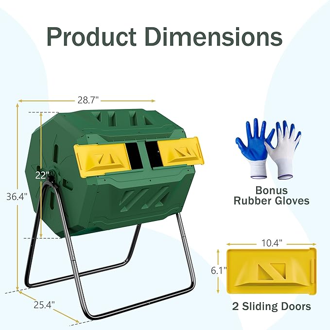 SUPER DEAL Outdoor Composter Bin, 43 Gallon Dual Chamber Composter Tumbler 360° Rotating BPA Free with Sliding Doors Heavy Duty Steel Frame for Garden Yard Kitchen Waste, Green