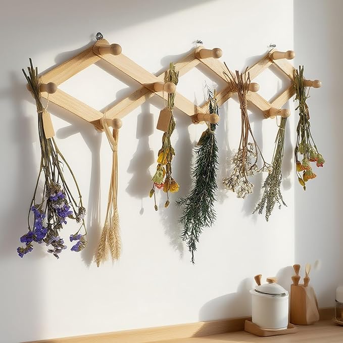Rustic Adjustable Hanging Herb Drying Rack-Holds 10 Bouquets, Space-Saving Herb Flower Dryer with Adhesive Wall Hooks for Herb Display Rack,Kitchen Wall Décor-Unusual Gifts for Gardener Woman
