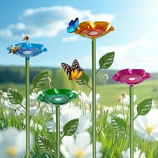 Bee Watering Station for Garden 4 Packs Metal Bee Feeder Cups with Colorful Flower Design,Butterfly Bee Bath Bowl for Outdoor Garden Yard Decor(Red,Green,Blue,Yellow)