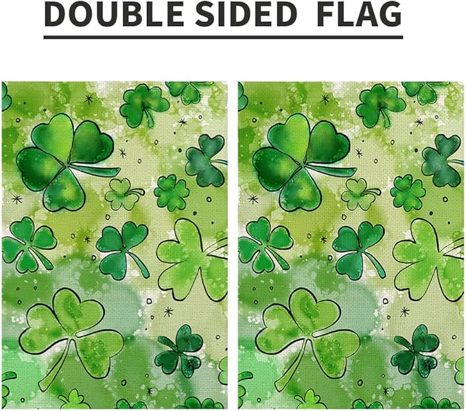 St Patricks Day Garden Flag for Outside 12x18 Inch Burlap Double Sided, Watercolor Green Lucky Shamrock Clover Sign Small Farmhouse Yard Outdoor Decoration DF434