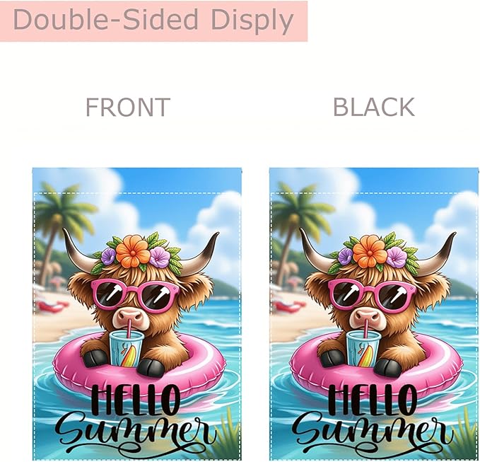 Hello Summer Highland Cow Garden Flag 12 x 18 inch Double Sided Outside Decorations,Beach Floral Cow Small Garden Flags For Outdoor Yard Lawn