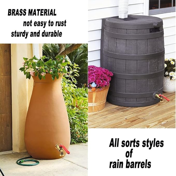 Rain Barrel Spigot, Brass Faucet Kit for Rain Water Barrel, Water Tanks, Tubs, Pools Etc, Turn Ball Valve Rain Barrel Spigot with Bulkhead Fitting Set