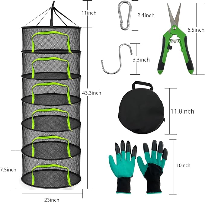 6 Layer Drying Rack Hanging Mesh, Zippered Herb Drying Rack, with Gloves, Garden Pruning Shear, Hook & Carabiner Clip for Drying Herbs, Plants, Seeds, Buds