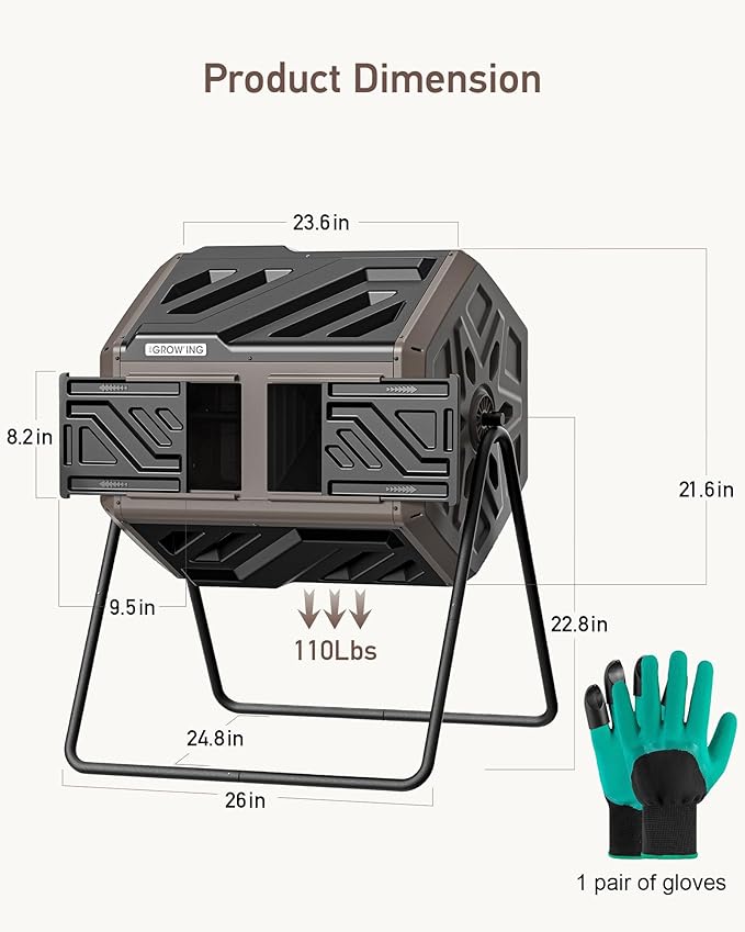 THEGROW'ING Updated 43 Gallon Compost Bin Outdoor, Fast Assemble Tumbling Composter, Dual Chamber Composter Tumbler, Rotating Compost Bin for Outside, Backyard, Garden and Yard, Coffee