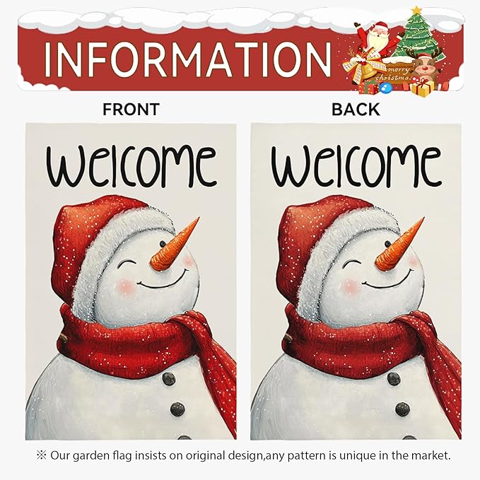 Snowman Winter Welcome Garden Flag 12x18 Inch Double Sided Snowman Holiday Burlap Yard Flags for Outside Small Flag for Outdoor Garden Decoration