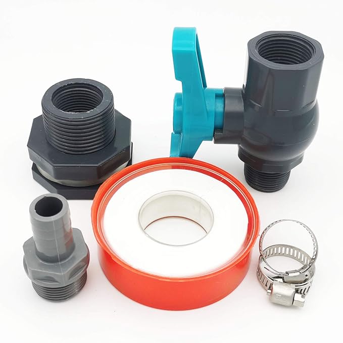 Rain Barrel Spigot PVC Faucet Kit Water Barrel Diverter Kit with Bulkhead Fitting,Ball Valve,Garden Hose Barb(20mm) Adapter,Pipe Clamps,Thread Seal Tape(kit for 20mm ID Hose)