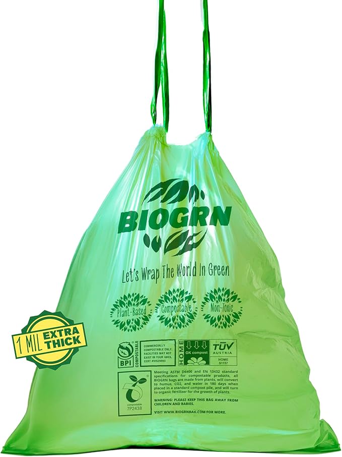 2.6-3 Gallon Compostable Trash Bags Drawstring 50 Bags Extra Thick 1 Mil 11.36 Liter Small Biodegradable Trash Bags for Kitchen Countertop Bin ASTM D6400, US BPI and OK Compost Home Certified
