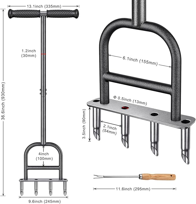 Dolibest Lawn Coring Aerator, Manual Lawn Aerator, 4 Stainless Steel Corer Plug Aerator with Soft Rubber Grip, Pre-Assembled Manual Grass Aerating Tool & Cleaning Hand Tool for Improving Lawn Health