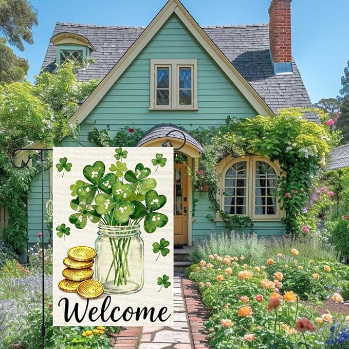 St Patrick's Day Garden Flag 12x18 Inch Double Sided Burlap Flag Welcome Shamrock Mason Jar Gold Coins Outdoor Decor for Yard Patio Irish Festival Decorations
