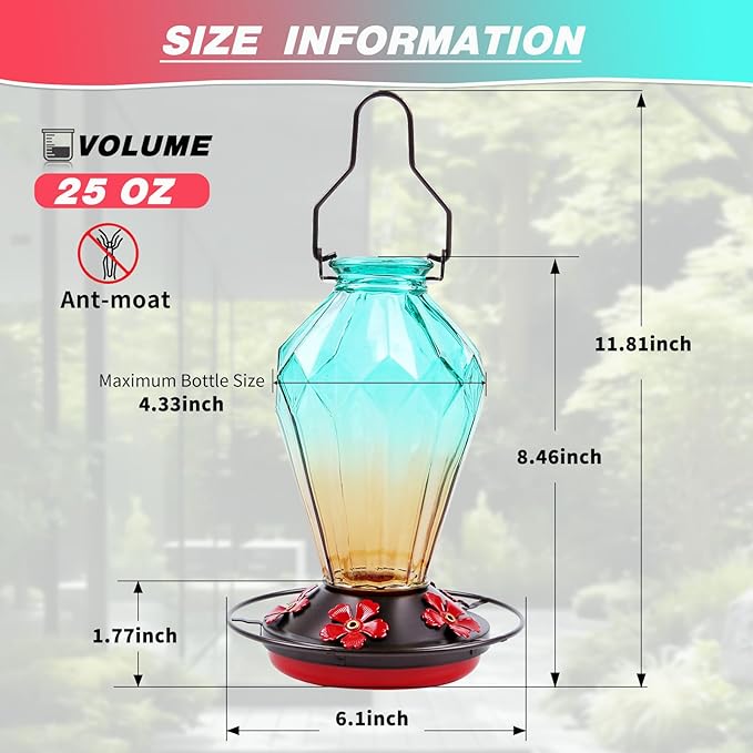 Glass Hummingbird Feeder for Outdoors Hanging, 25Oz Humming Bird Nectar Feeder, Perch, 5 Flower Feeding Ports, Leak Proof Base, Hook for Outside Garden Backyard, Gift for Women, Diamond Green
