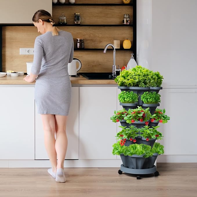 7 Tiered Strawberry Vertical Planters Tower Garden 2 Pack, Stacking Herb Vegetable Planter with Support Pole Indoor and Outdoor - Dark Grey