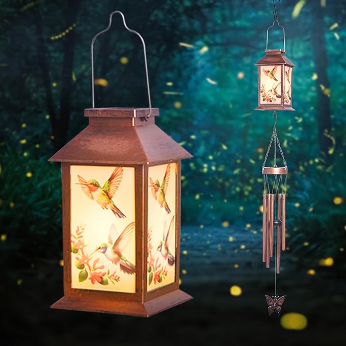 Hummingbird Solar Lighten Wind Chime with Lantern Design - Outdoor Decorative Wind Bells for Garden, Porch, Balcony - Relaxing Nature Sounds- Gifts for mom,Friend,Sister,Grandma