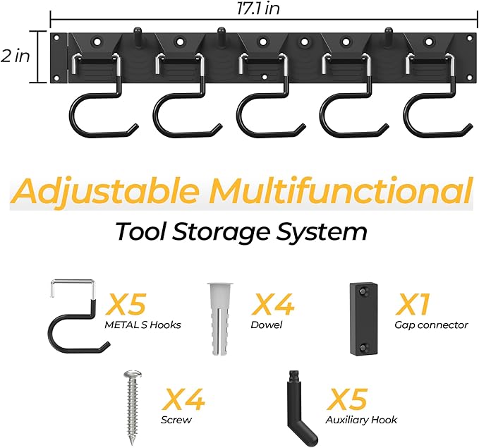 34 Inch Garden Tool Organizer Wall Mount with Non Slip Rubber Coated Metal Hooks, Storage Rack for Indoor/Outdoor Shovel, Rake, Mop and Broom Holder Wall Mount ( 10 Hooks+10 Holders
