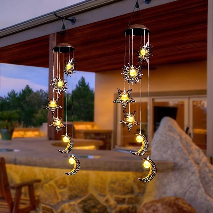 Solar Wind Chimes for Outdoor Lights Sun Moon Star for Women Mom Wife Hanging Decor Outdoor Sympathy Wind Chimes for Garden Patio Balcony Birthday Womens Gifts