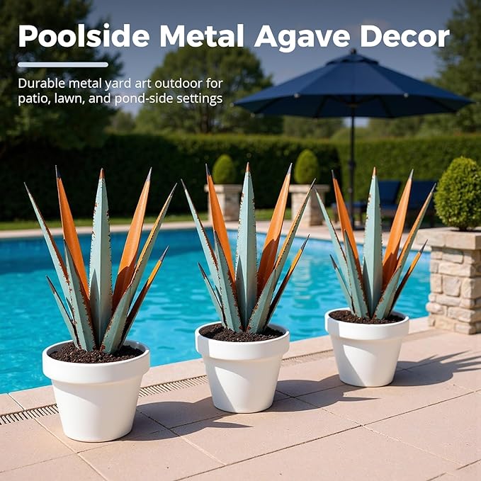 24” Large Metal Agave Plants Outdoor Decor, Vintage Blue Tequila Rustic Sculpture Outdoor Statues, Agave Metal Plants for Yard Garden Lawn Ornaments,Artisan Metal Agave Landscape Decor