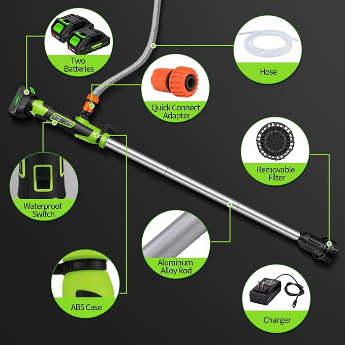 Cordless Stick Water Transfer Pump, Battery Powered Portable Stick Utility Pump with 2x2000mAh 21V Battery,720GPH, 33FT Head,3/4" Outlet for Gardens, Ponds, Boats, RVs, Underground Garages