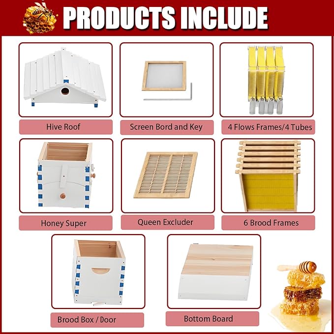 Bee Hive Box Starter Kit, Self-Flow Hive with 4 Beehive Frames & 6 Brood Frames, Complete Beekeeping Kit with Observation Window for Backyard & Garden Pollinators